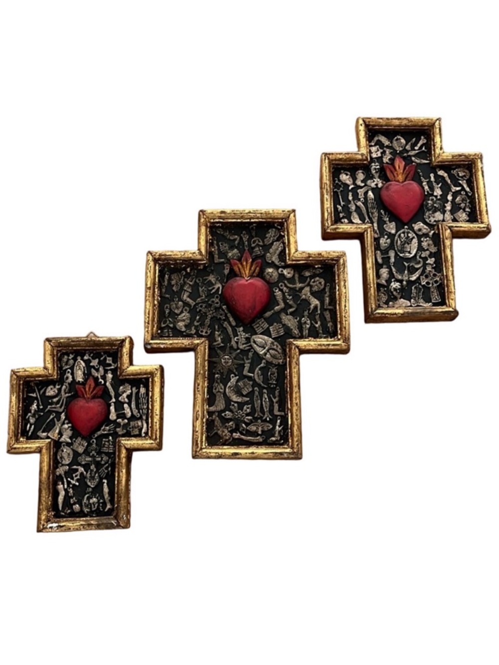 Set of 3 Mexican Crosses with Milagros & Sacred Heart